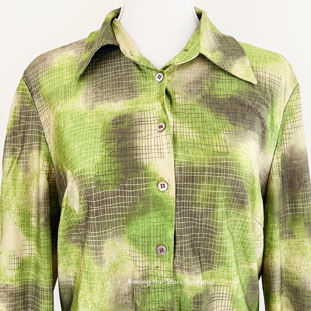 Very Rare 90s Vintage Green Abstract Print Button-Up Blouse ASO Cordelia in BTVS - Picture 8 of 14